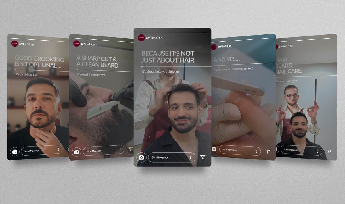 Five Instagram story frames fanned in perspective, Atelier 10 men's grooming series: 'Good grooming isn't optional' and 'A sharp cut and a clean beard'.