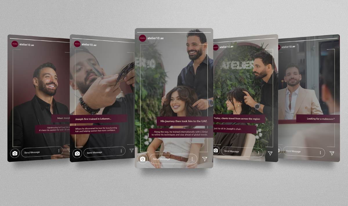 Five fanned Instagram story frames showing the Atelier 10 salon experience series, UAE.