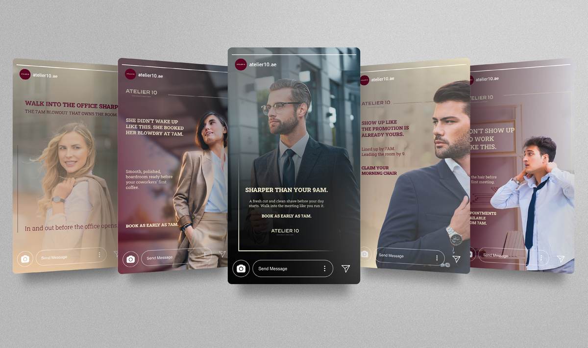 Five fanned Instagram story frames, Atelier 10 office-sharp grooming series including the line 'Sharper than your 9am'.
