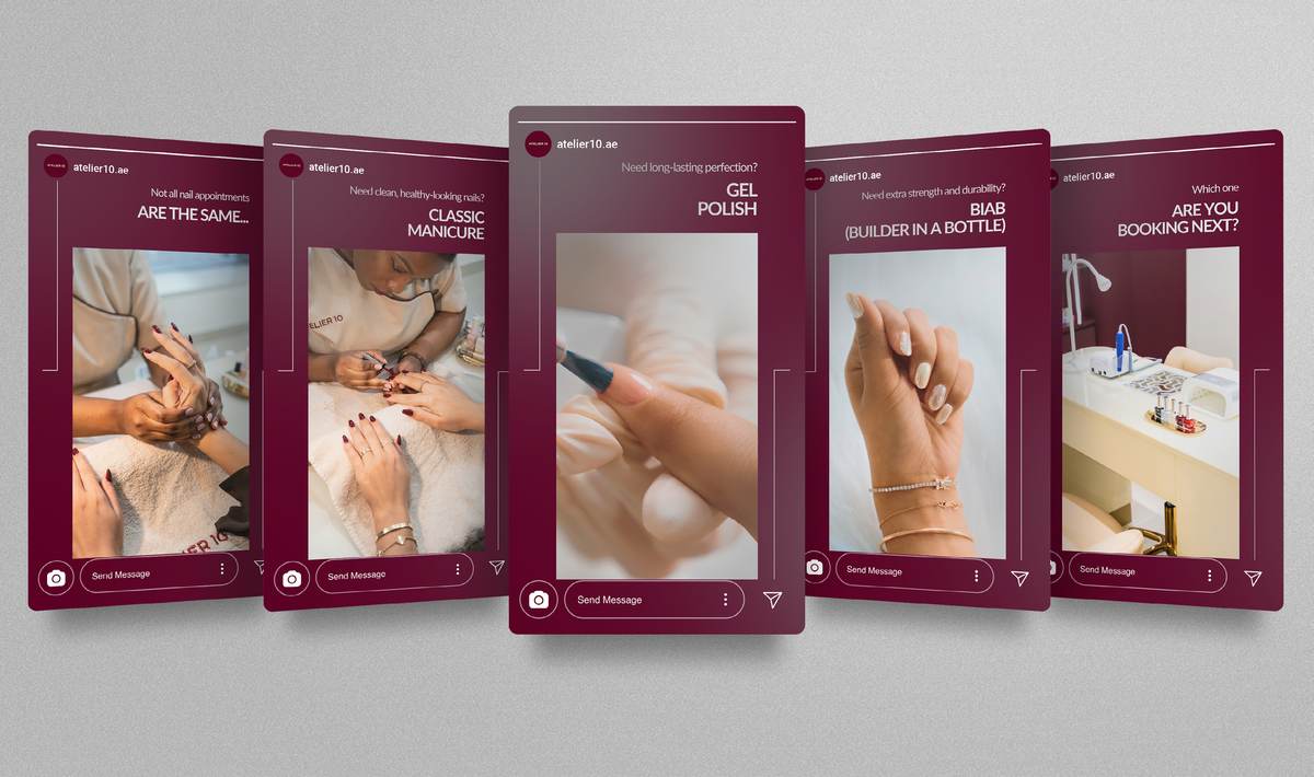 Five fanned Instagram story frames, Atelier 10 nail education series explaining classic manicure, gel polish and BIAB.