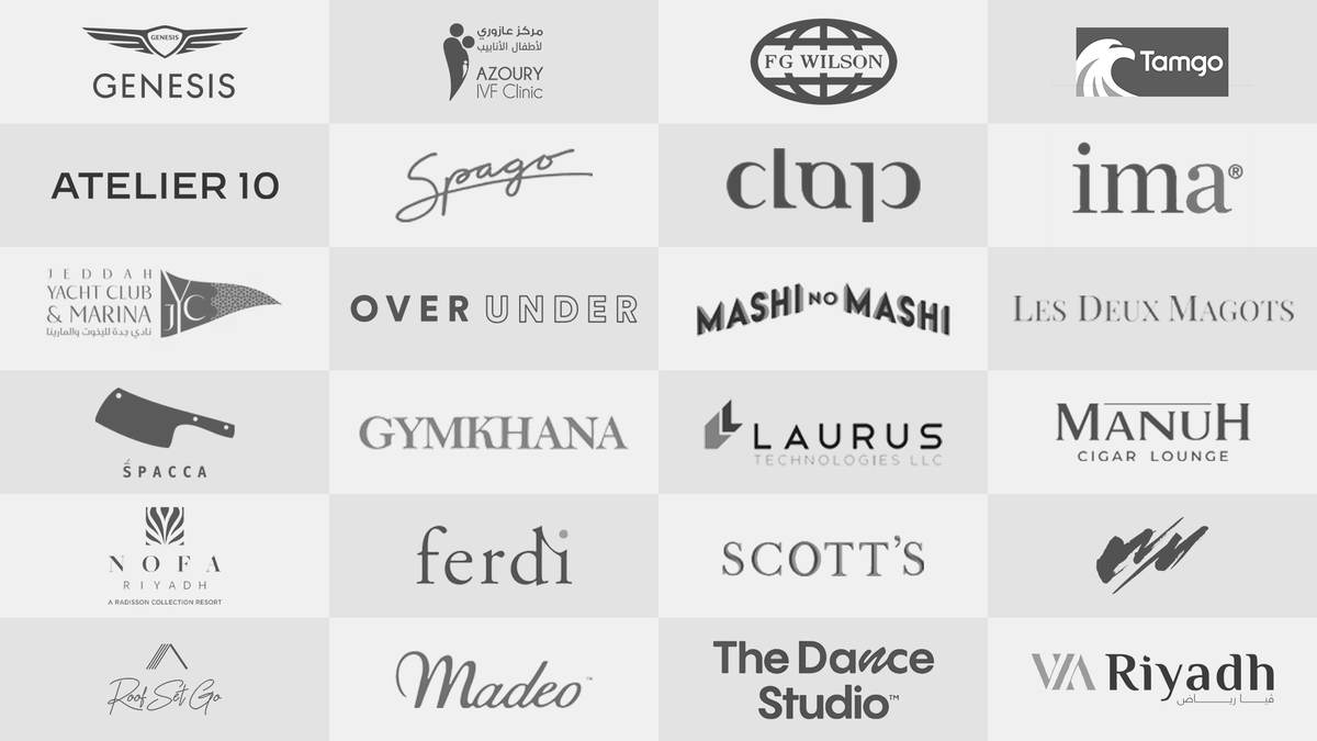 Logo wall of client brands: Genesis, Azoury IVF Clinic, FG Wilson, Tamgo, Atelier 10, Spago, Clap, IMA, Jeddah Yacht Club and Marina, Over Under, Mashi No Mashi, Les Deux Magots, Spacca, Gymkhana, Laurus Technologies, Manuh Cigar Lounge, Nofa Riyadh, Ferdi, Scott's, Roof Set Go, Madeo, The Dance Studio and VIA Riyadh.