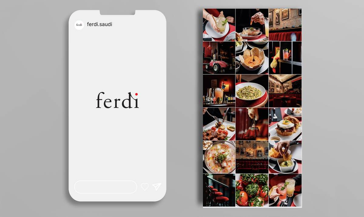 Phone showing the ferdi Instagram profile beside a feed grid of food posts, Cool Inc, Saudi Arabia.