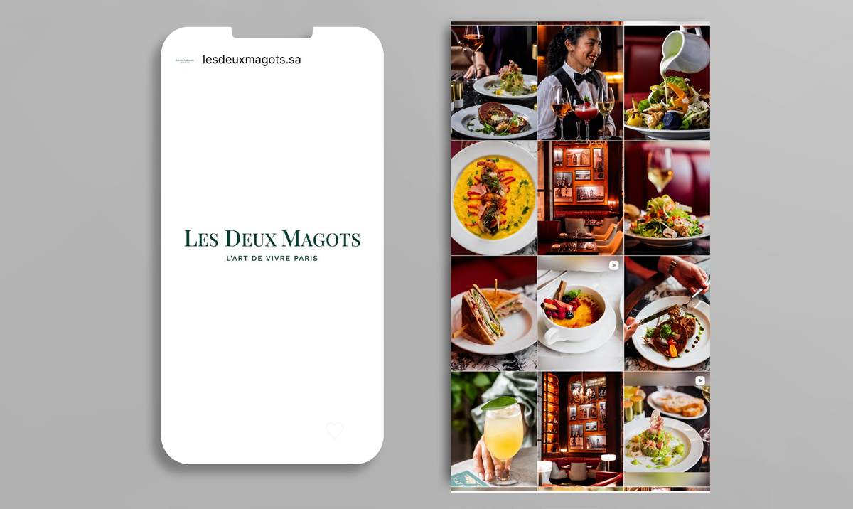 Phone showing the Les Deux Magots Instagram profile beside a Parisian bistro feed grid, Cool Inc, Saudi Arabia.