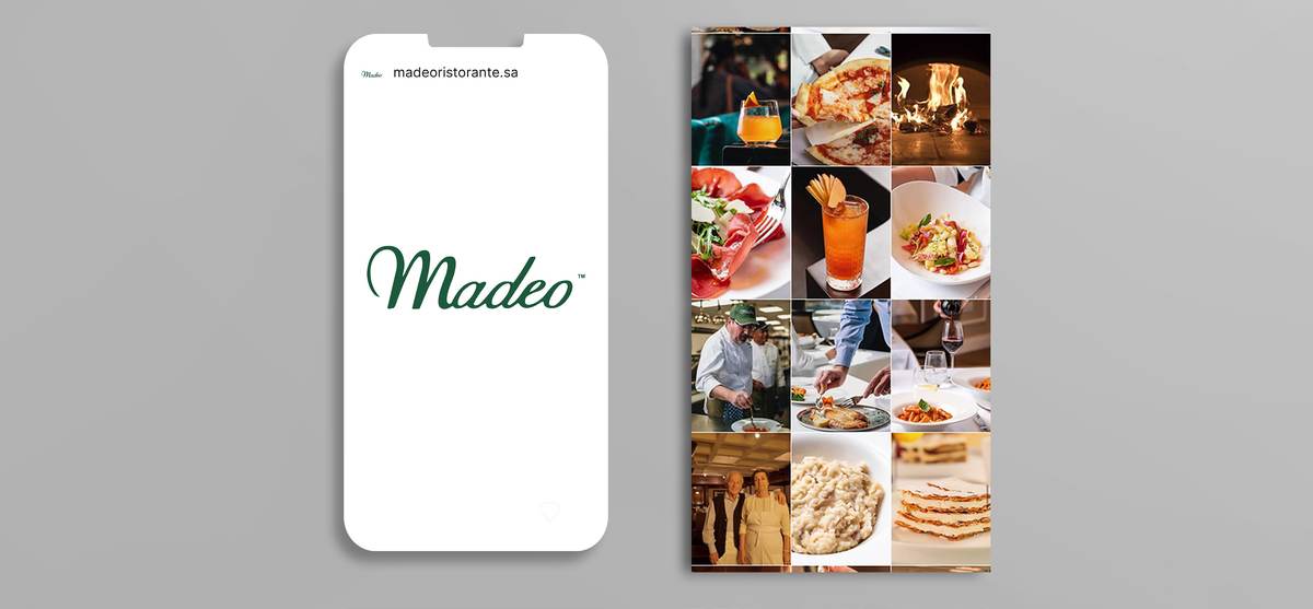 Phone showing the Madeo Instagram profile beside a feed grid of Italian dishes, Cool Inc, Saudi Arabia.
