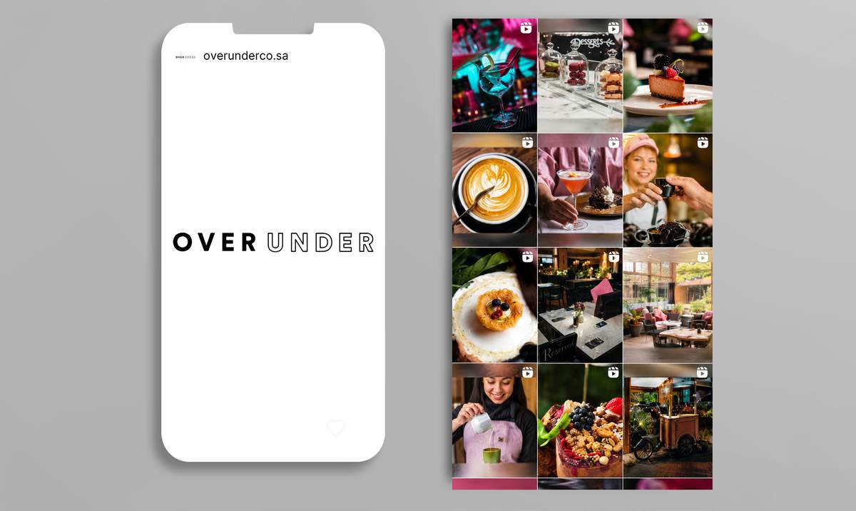 Phone showing the Over Under Instagram profile beside a feed grid of food and drink posts, Cool Inc, Saudi Arabia.