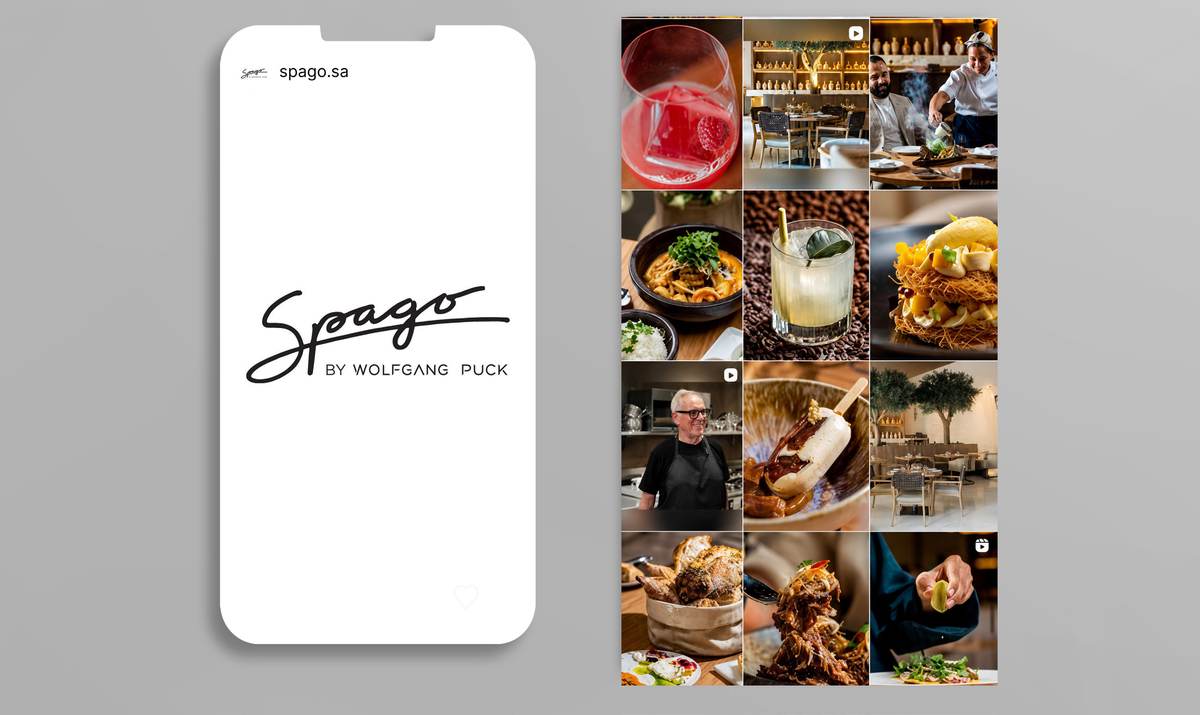 Phone showing the Spago by Wolfgang Puck Instagram profile beside a fine-dining feed grid, Cool Inc, Saudi Arabia.