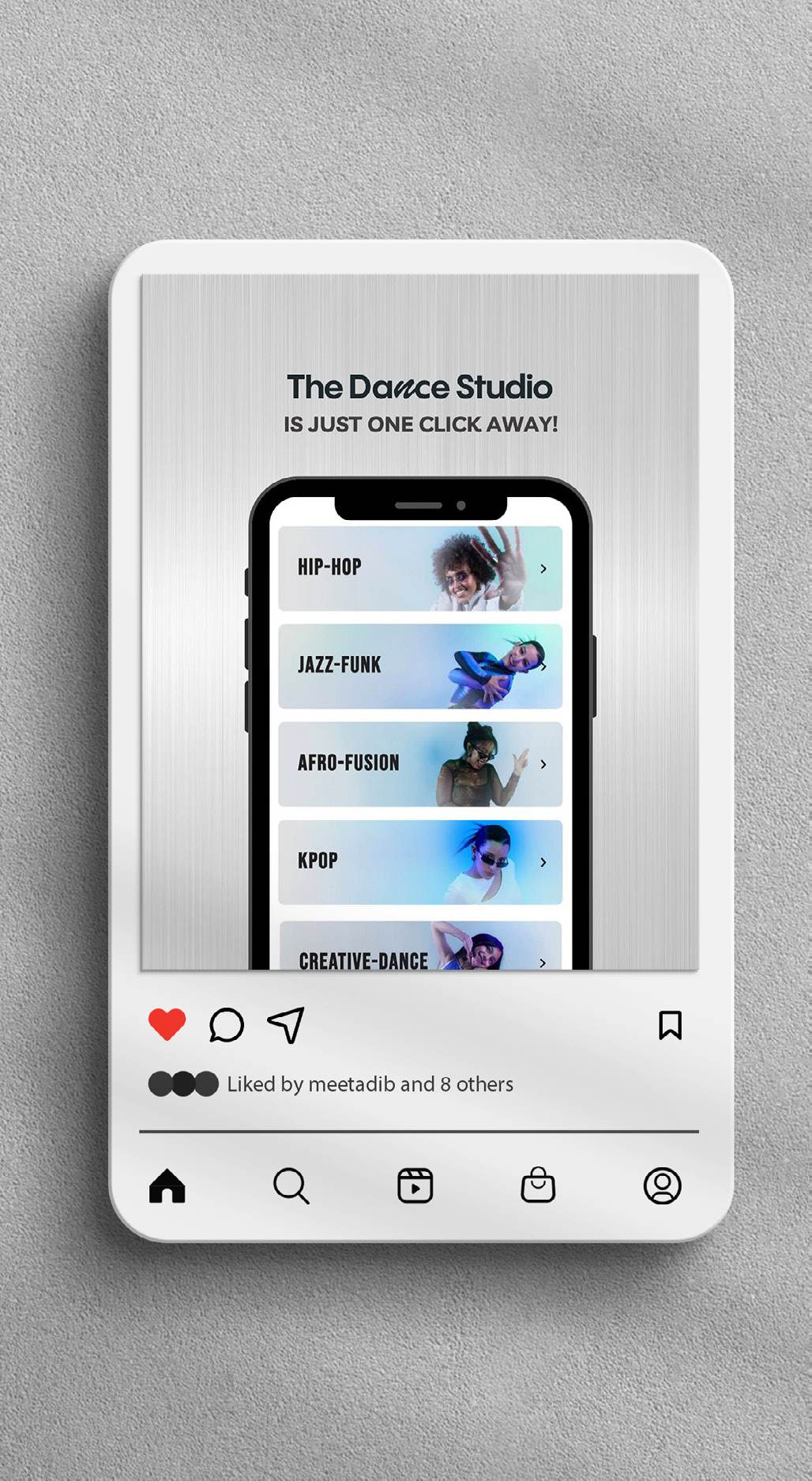 App campaign creative for The Dance Studio, Saudi Arabia: 'The Dance Studio is just one click away', with a list of classes — Hip Hop, Jazz Funk, Afro Fusion, KPop and Creative Dance.