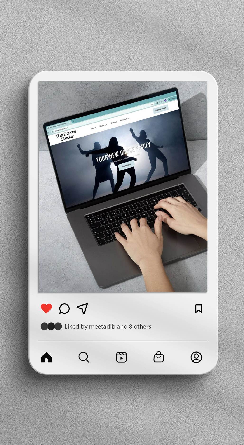 App campaign still for The Dance Studio, Saudi Arabia, showing the booking flow open on a laptop screen.