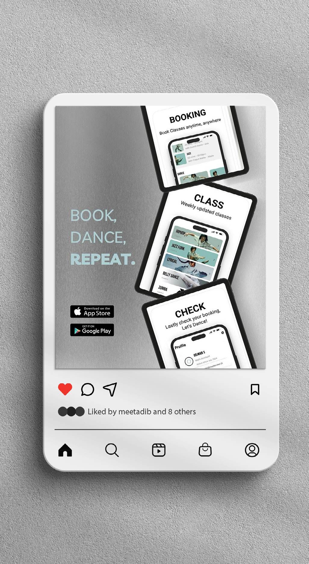 App campaign cards for The Dance Studio, Saudi Arabia, reading 'Book, dance, repeat.'