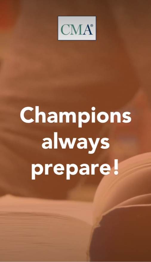 Portrait Instagram story: 'Champions always prepare!' CMA study encouragement post for IMA Middle East.