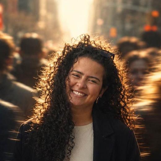 Portrait of Rayane Hammoud, smiling, backlit at golden hour.