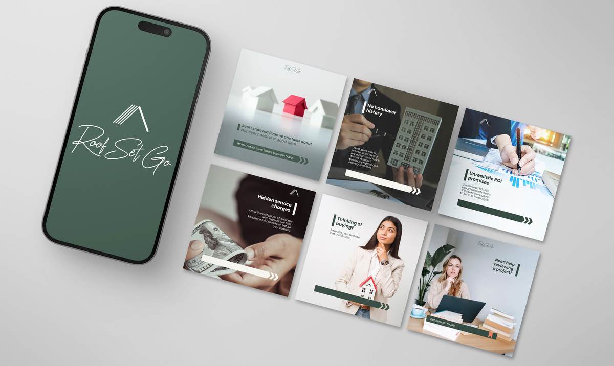 Roof Set Go brand and marketing collateral, UAE — grid of printed and presentation frames beside a phone showing the brand logo.