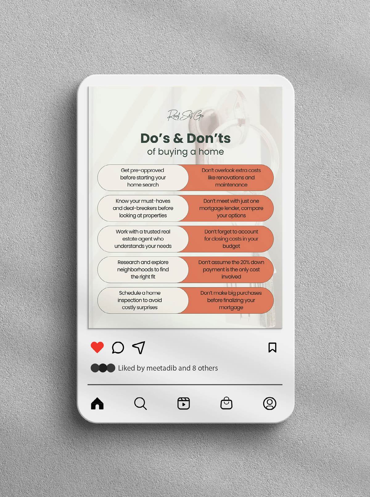 Roof Set Go educational feed post, UAE — 'Do's and Don'ts of buying off-plan' shown on a phone.