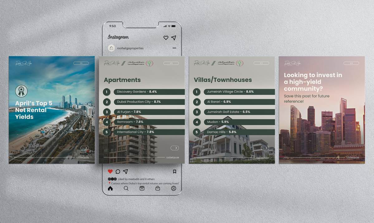 Roof Set Go Instagram stories mock-up, UAE — 'April's Top 5 Net Rental Yields' with apartment and villa yield tables and a closing prompt about high-yield communities.