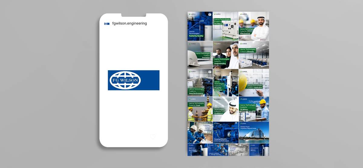 Instagram feed grid for FG Wilson (Engineering) FZE, Dubai, shown on a phone beside the profile — blue co-branded posts for the UAE industrial market.