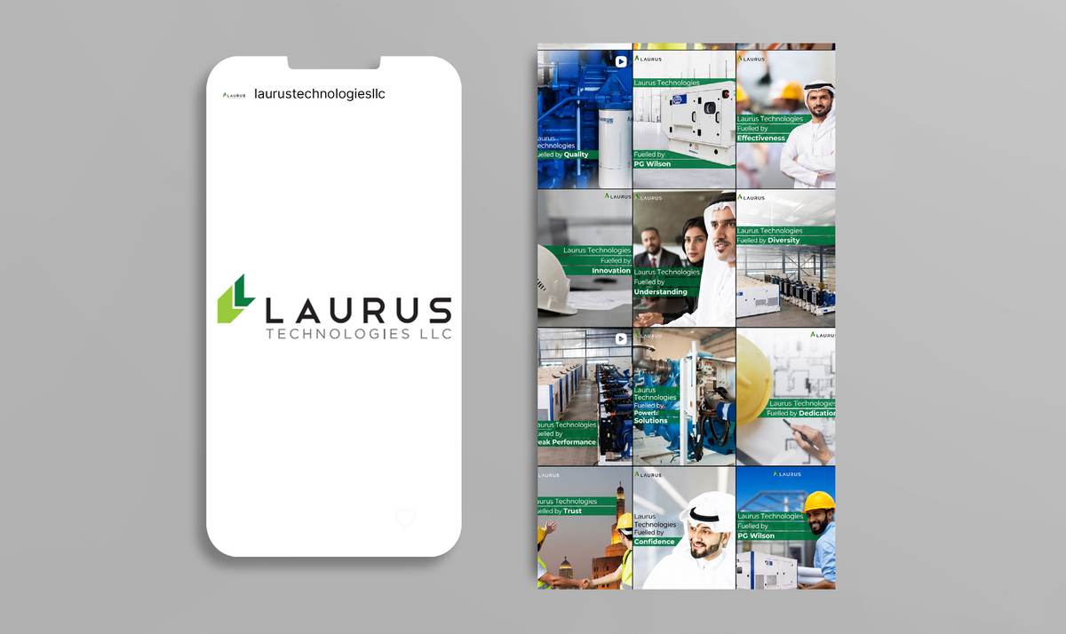 Instagram feed grid for Laurus Technologies, Doha, on a phone with the company logo — green co-branded posts for the Qatar market.