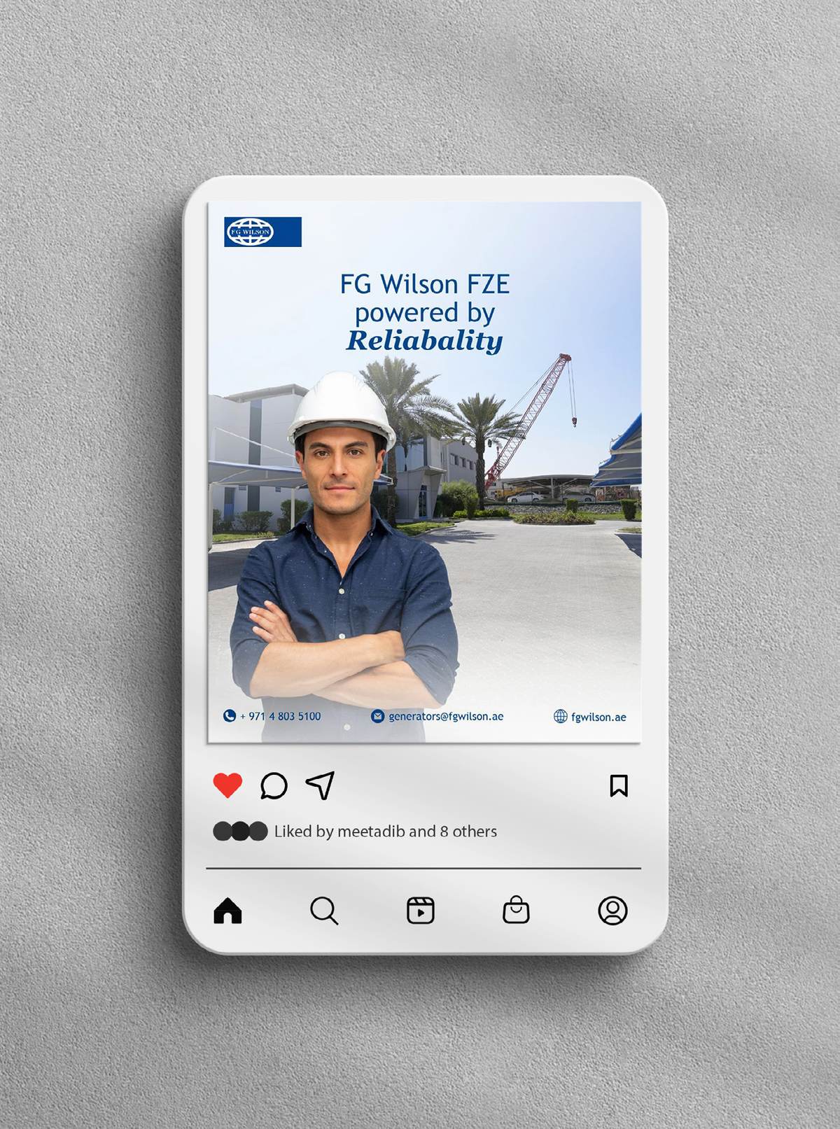 Co-branded feed post for FG Wilson (Engineering) FZE reading 'powered by Reliability' over a generator set.