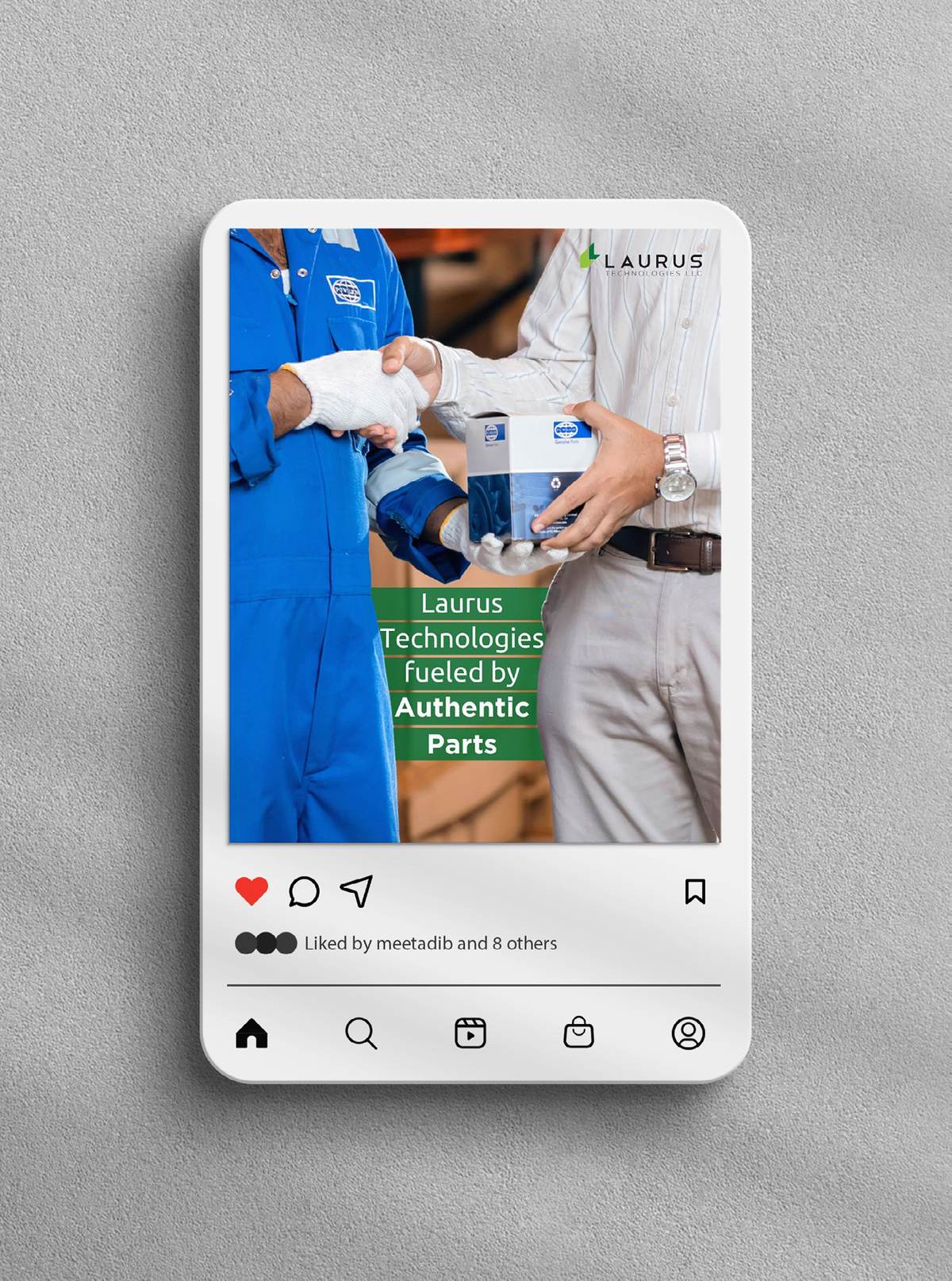 Portrait feed post for Laurus Technologies, Qatar: 'Fueled by Authentic Parts' in the co-branded green system.