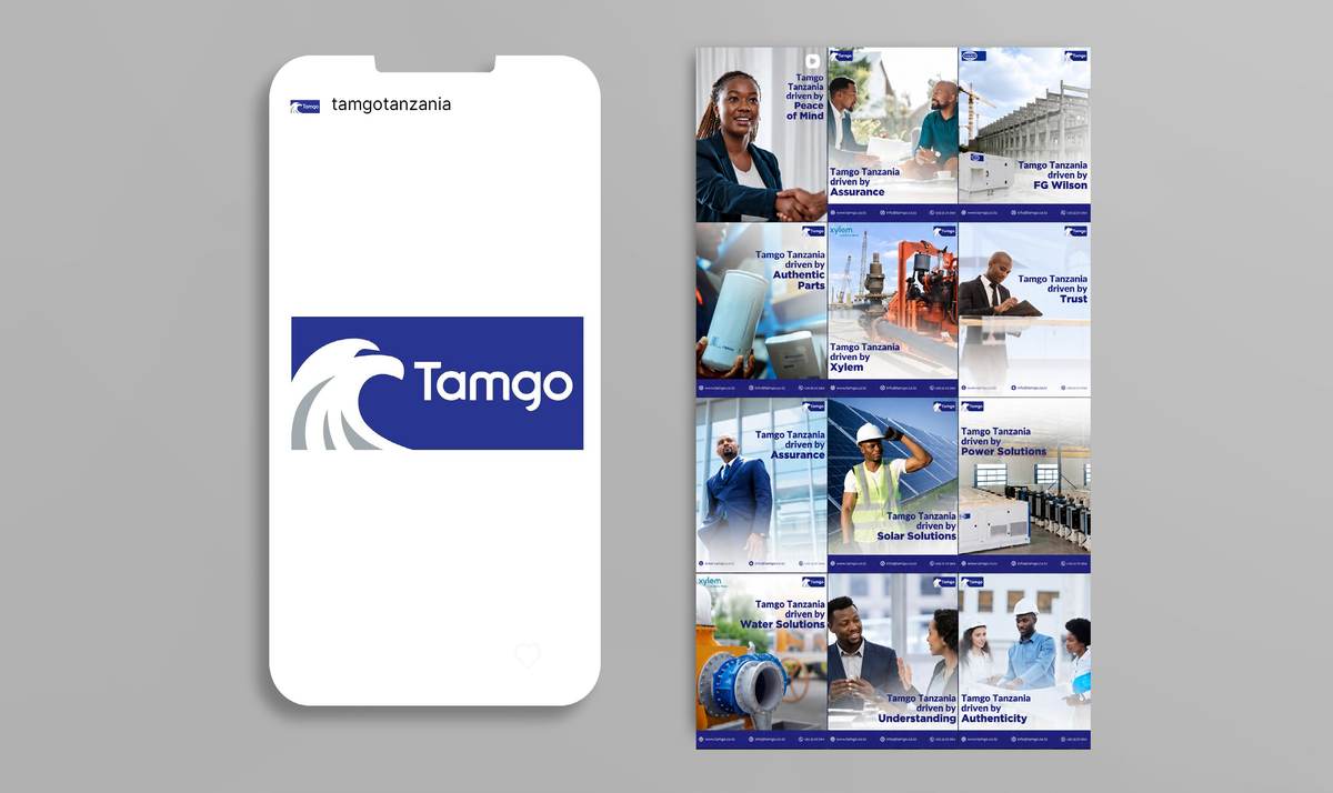 Instagram feed grid for Tamgo Tanzania on a phone with the Tamgo logo — co-branded posts covering parts, water, power and solar for the East Africa market.
