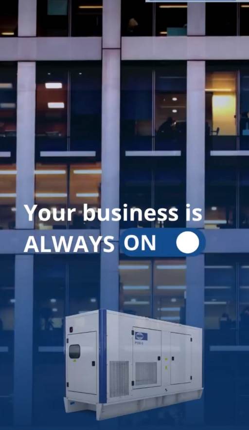Portrait video still for Tamgo Group: 'Your business is ALWAYS ON' over a generator running at night.