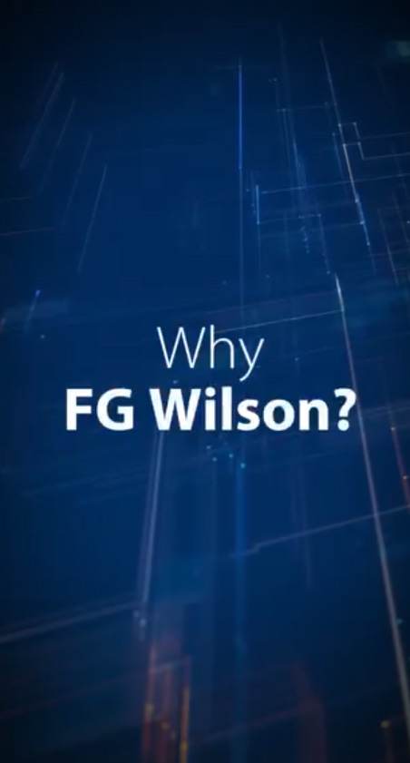 Portrait video still for FG Wilson: 'Why FG Wilson?' title over a dark blue technical grid, UAE.